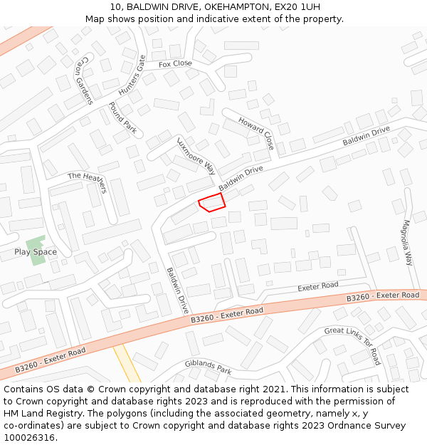 10, BALDWIN DRIVE, OKEHAMPTON, EX20 1UH: Location map and indicative extent of plot