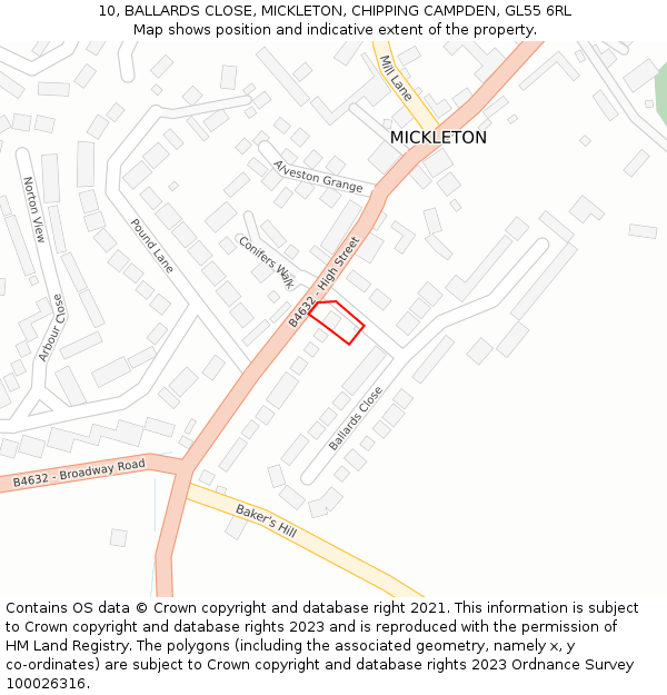 10, BALLARDS CLOSE, MICKLETON, CHIPPING CAMPDEN, GL55 6RL: Location map and indicative extent of plot