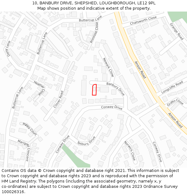 10, BANBURY DRIVE, SHEPSHED, LOUGHBOROUGH, LE12 9PL: Location map and indicative extent of plot