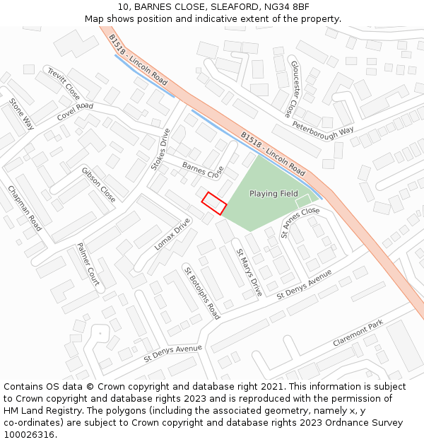 10, BARNES CLOSE, SLEAFORD, NG34 8BF: Location map and indicative extent of plot