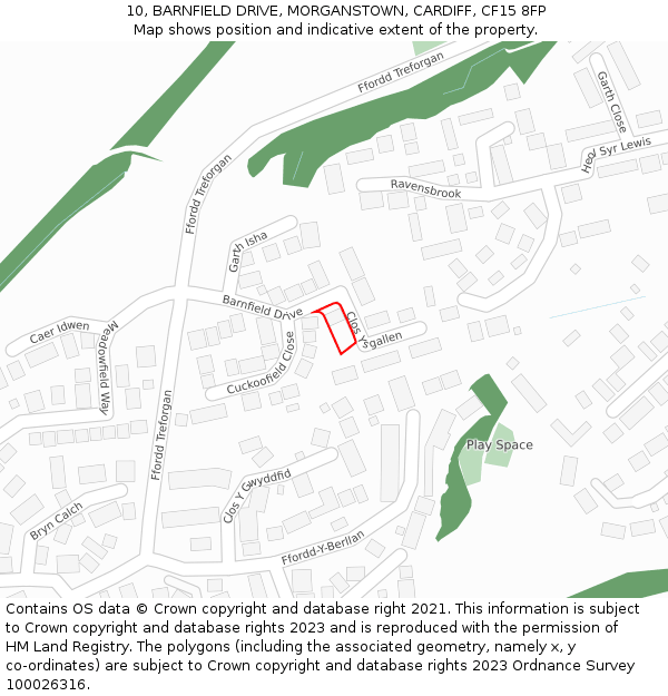 10, BARNFIELD DRIVE, MORGANSTOWN, CARDIFF, CF15 8FP: Location map and indicative extent of plot