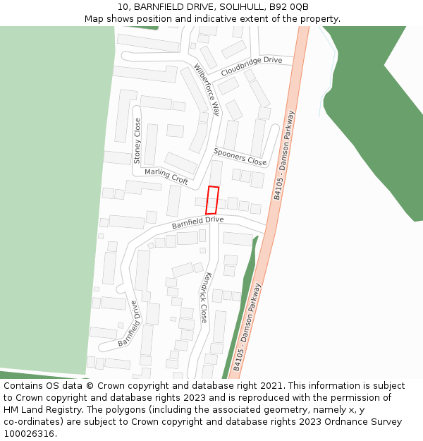 10, BARNFIELD DRIVE, SOLIHULL, B92 0QB: Location map and indicative extent of plot