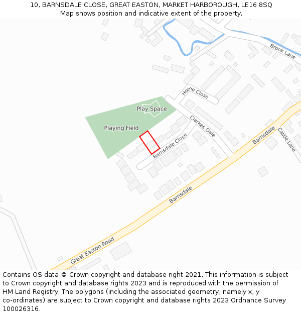 10, BARNSDALE CLOSE, GREAT EASTON, MARKET HARBOROUGH, LE16 8SQ: Location map and indicative extent of plot