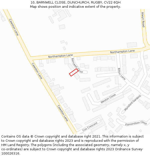 10, BARNWELL CLOSE, DUNCHURCH, RUGBY, CV22 6QH: Location map and indicative extent of plot