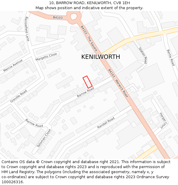 10, BARROW ROAD, KENILWORTH, CV8 1EH: Location map and indicative extent of plot