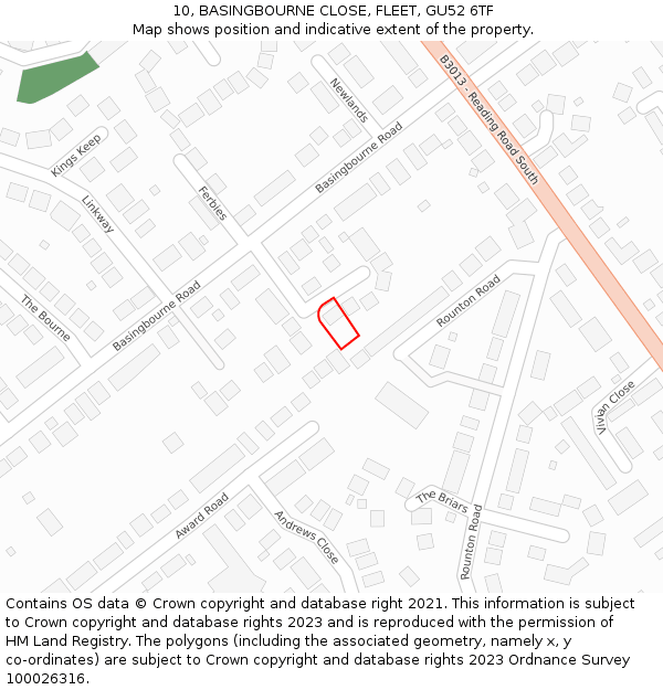 10, BASINGBOURNE CLOSE, FLEET, GU52 6TF: Location map and indicative extent of plot