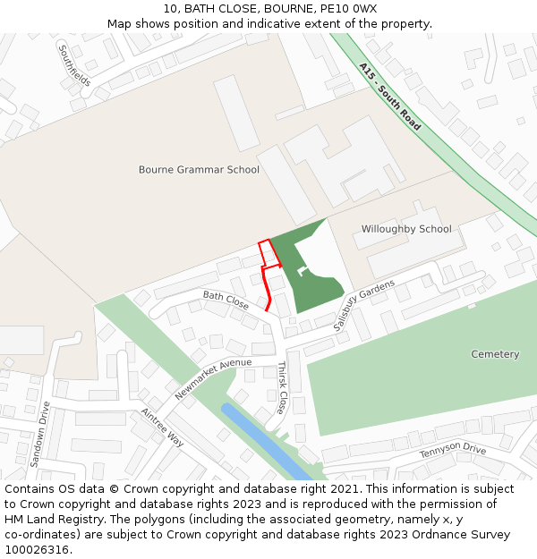 10, BATH CLOSE, BOURNE, PE10 0WX: Location map and indicative extent of plot