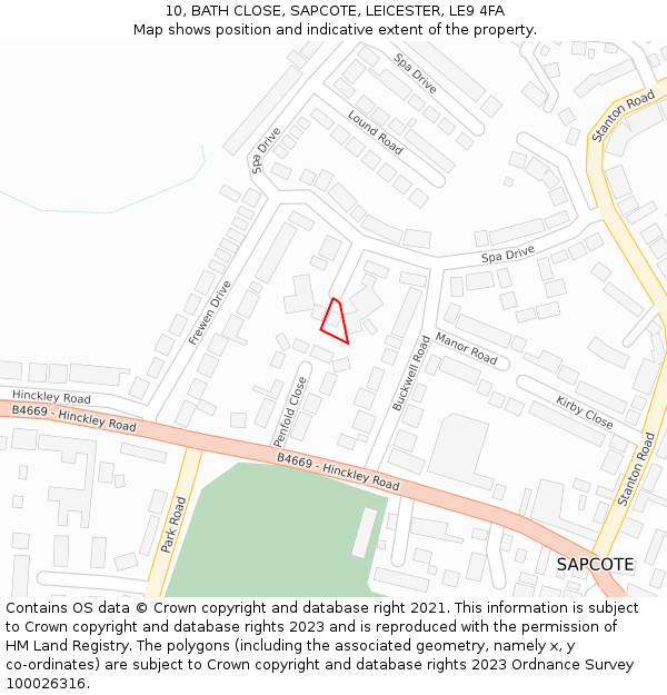 10, BATH CLOSE, SAPCOTE, LEICESTER, LE9 4FA: Location map and indicative extent of plot