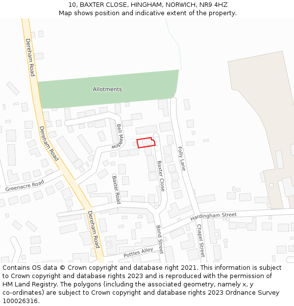 10, BAXTER CLOSE, HINGHAM, NORWICH, NR9 4HZ: Location map and indicative extent of plot