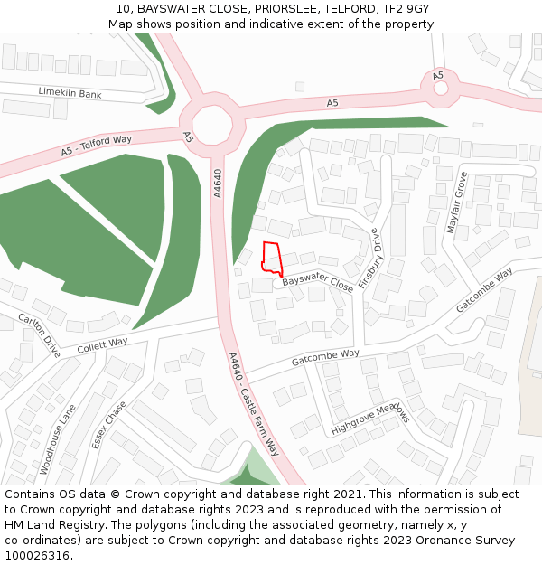 10, BAYSWATER CLOSE, PRIORSLEE, TELFORD, TF2 9GY: Location map and indicative extent of plot