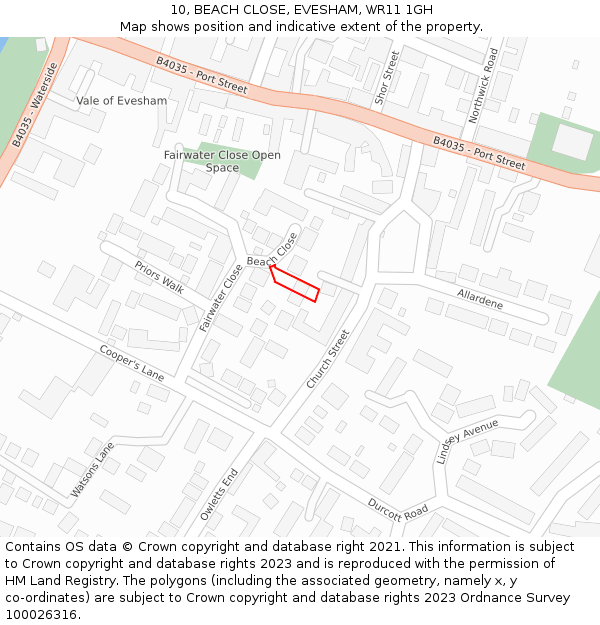 10, BEACH CLOSE, EVESHAM, WR11 1GH: Location map and indicative extent of plot