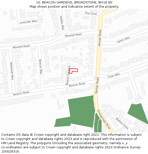 10, BEACON GARDENS, BROADSTONE, BH18 9JY: Location map and indicative extent of plot