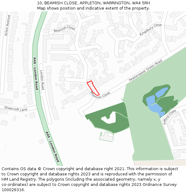 10, BEAMISH CLOSE, APPLETON, WARRINGTON, WA4 5RH: Location map and indicative extent of plot