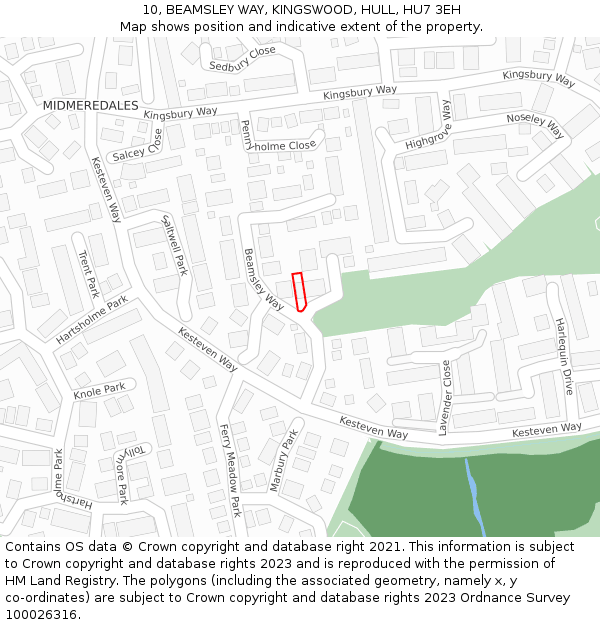 10, BEAMSLEY WAY, KINGSWOOD, HULL, HU7 3EH: Location map and indicative extent of plot