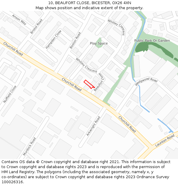 10, BEAUFORT CLOSE, BICESTER, OX26 4XN: Location map and indicative extent of plot