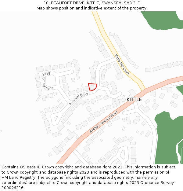 10, BEAUFORT DRIVE, KITTLE, SWANSEA, SA3 3LD: Location map and indicative extent of plot