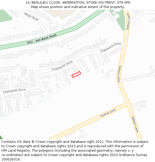 10, BEAULIEU CLOSE, WERRINGTON, STOKE-ON-TRENT, ST9 0PE: Location map and indicative extent of plot
