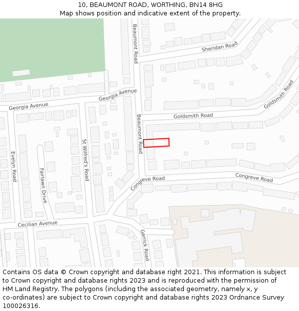10, BEAUMONT ROAD, WORTHING, BN14 8HG: Location map and indicative extent of plot