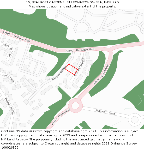 10, BEAUPORT GARDENS, ST LEONARDS-ON-SEA, TN37 7PQ: Location map and indicative extent of plot