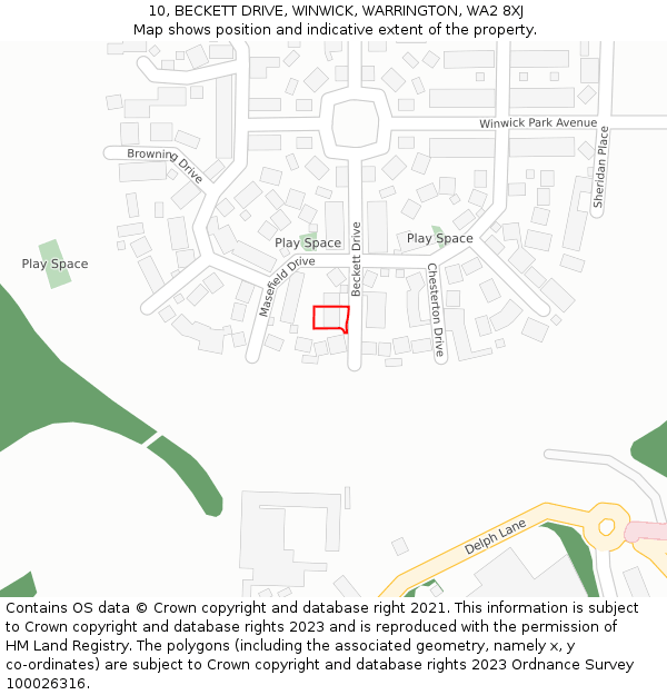10, BECKETT DRIVE, WINWICK, WARRINGTON, WA2 8XJ: Location map and indicative extent of plot