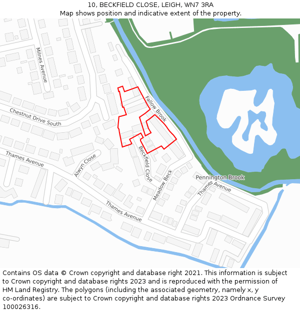 10, BECKFIELD CLOSE, LEIGH, WN7 3RA: Location map and indicative extent of plot