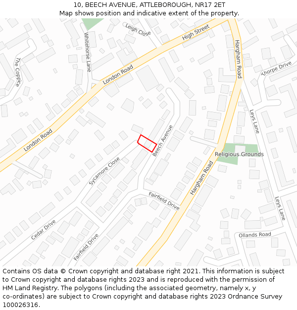10, BEECH AVENUE, ATTLEBOROUGH, NR17 2ET: Location map and indicative extent of plot