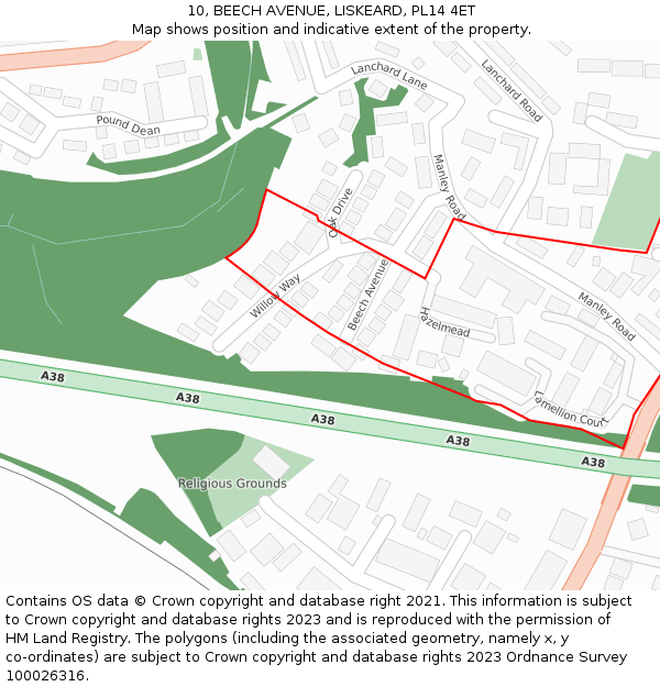 10, BEECH AVENUE, LISKEARD, PL14 4ET: Location map and indicative extent of plot