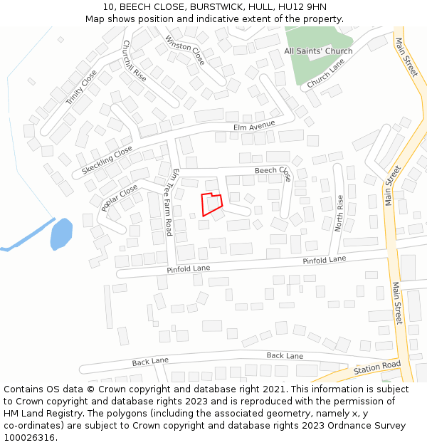 10, BEECH CLOSE, BURSTWICK, HULL, HU12 9HN: Location map and indicative extent of plot