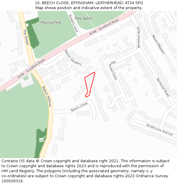 10, BEECH CLOSE, EFFINGHAM, LEATHERHEAD, KT24 5PQ: Location map and indicative extent of plot