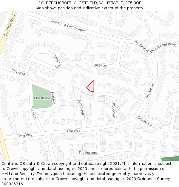 10, BEECHCROFT, CHESTFIELD, WHITSTABLE, CT5 3QF: Location map and indicative extent of plot