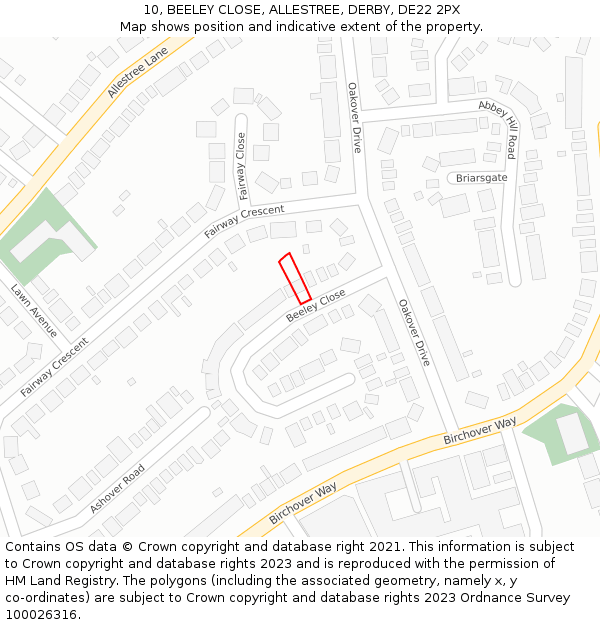 10, BEELEY CLOSE, ALLESTREE, DERBY, DE22 2PX: Location map and indicative extent of plot