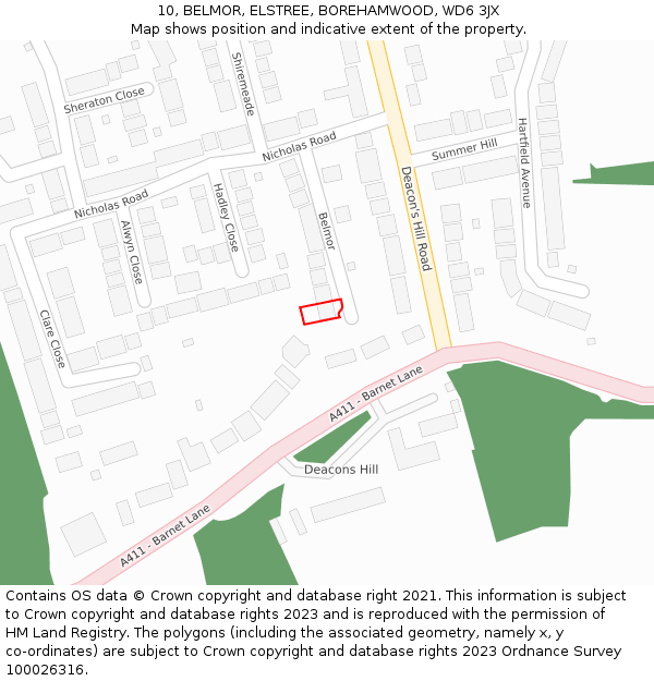 10, BELMOR, ELSTREE, BOREHAMWOOD, WD6 3JX: Location map and indicative extent of plot