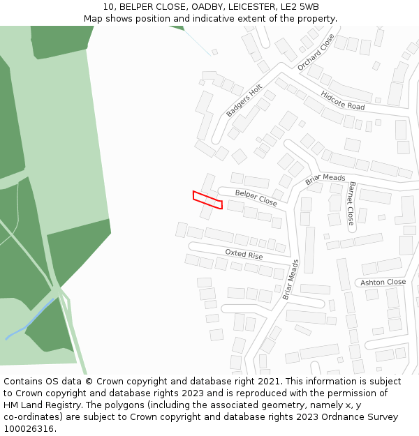 10, BELPER CLOSE, OADBY, LEICESTER, LE2 5WB: Location map and indicative extent of plot