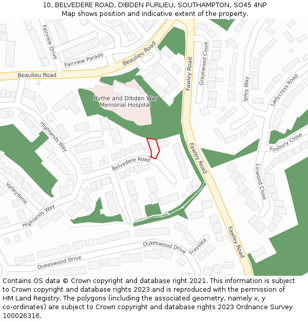10, BELVEDERE ROAD, DIBDEN PURLIEU, SOUTHAMPTON, SO45 4NP: Location map and indicative extent of plot