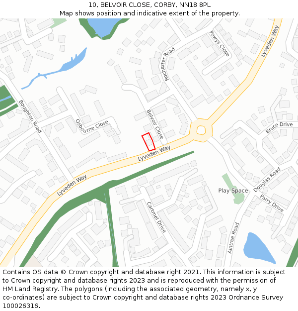 10, BELVOIR CLOSE, CORBY, NN18 8PL: Location map and indicative extent of plot