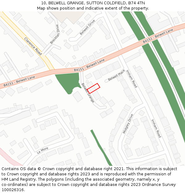 10, BELWELL GRANGE, SUTTON COLDFIELD, B74 4TN: Location map and indicative extent of plot