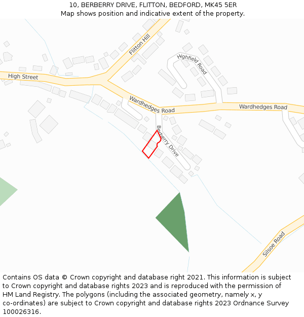 10, BERBERRY DRIVE, FLITTON, BEDFORD, MK45 5ER: Location map and indicative extent of plot