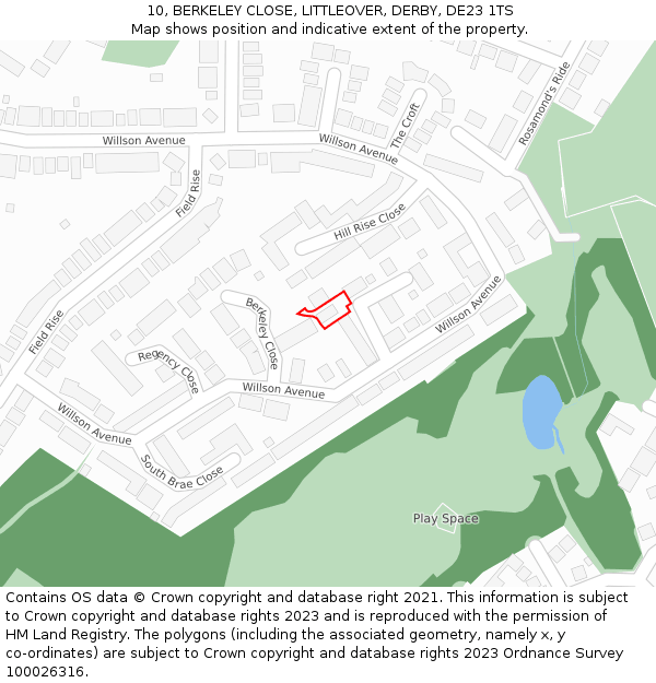 10, BERKELEY CLOSE, LITTLEOVER, DERBY, DE23 1TS: Location map and indicative extent of plot