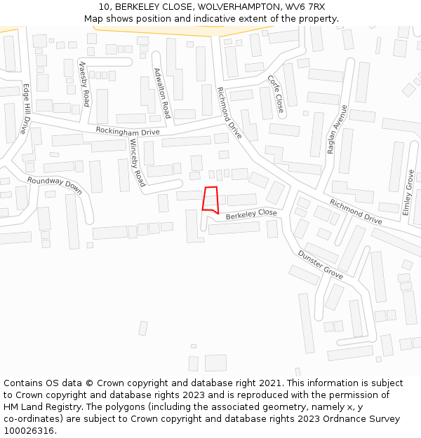 10, BERKELEY CLOSE, WOLVERHAMPTON, WV6 7RX: Location map and indicative extent of plot