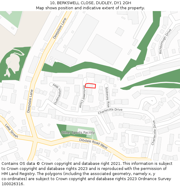 10, BERKSWELL CLOSE, DUDLEY, DY1 2GH: Location map and indicative extent of plot