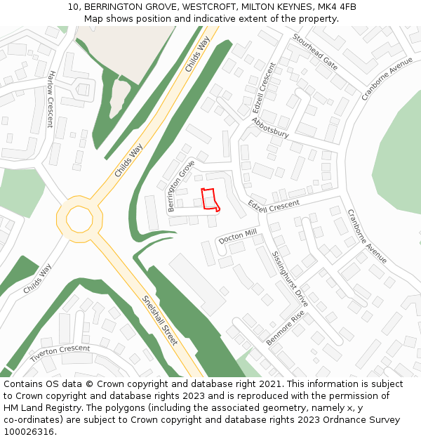 10, BERRINGTON GROVE, WESTCROFT, MILTON KEYNES, MK4 4FB: Location map and indicative extent of plot