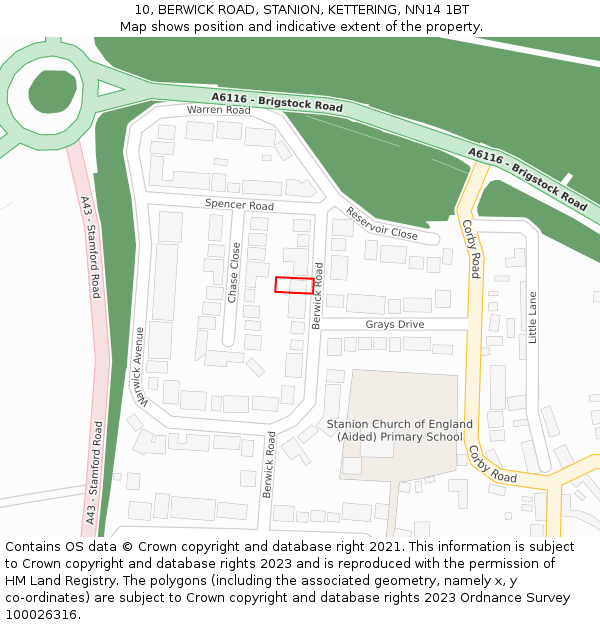 10, BERWICK ROAD, STANION, KETTERING, NN14 1BT: Location map and indicative extent of plot