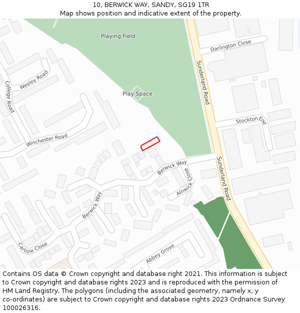 10, BERWICK WAY, SANDY, SG19 1TR: Location map and indicative extent of plot