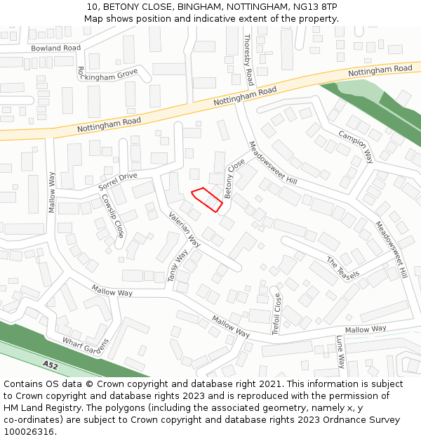 10, BETONY CLOSE, BINGHAM, NOTTINGHAM, NG13 8TP: Location map and indicative extent of plot