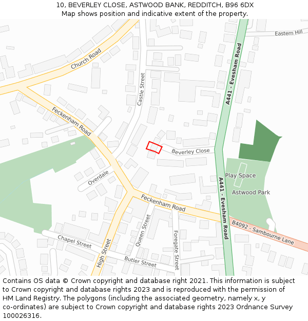 10, BEVERLEY CLOSE, ASTWOOD BANK, REDDITCH, B96 6DX: Location map and indicative extent of plot