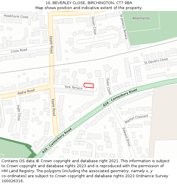 10, BEVERLEY CLOSE, BIRCHINGTON, CT7 9BA: Location map and indicative extent of plot