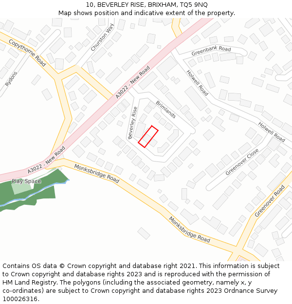 10, BEVERLEY RISE, BRIXHAM, TQ5 9NQ: Location map and indicative extent of plot