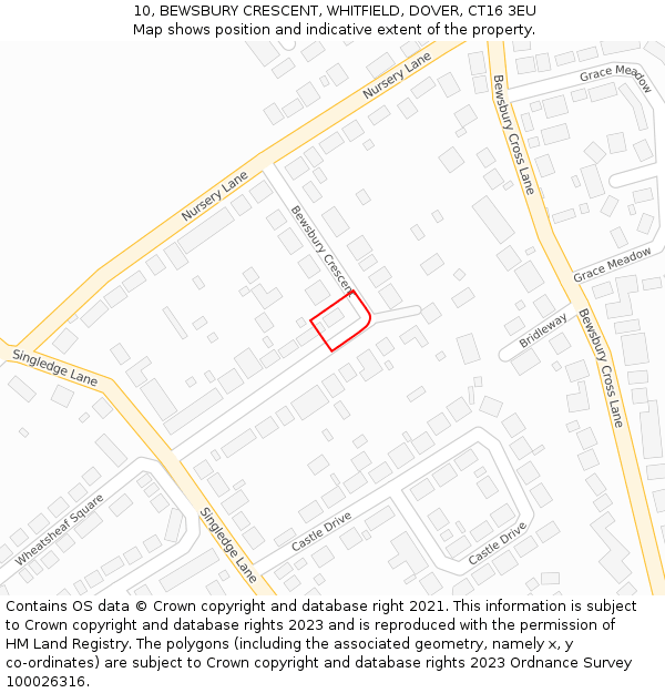 10, BEWSBURY CRESCENT, WHITFIELD, DOVER, CT16 3EU: Location map and indicative extent of plot