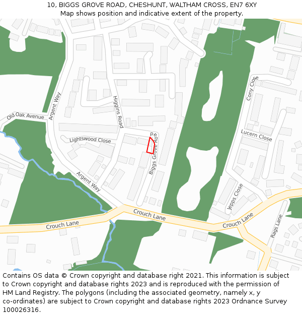 10, BIGGS GROVE ROAD, CHESHUNT, WALTHAM CROSS, EN7 6XY: Location map and indicative extent of plot