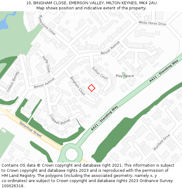 10, BINGHAM CLOSE, EMERSON VALLEY, MILTON KEYNES, MK4 2AU: Location map and indicative extent of plot